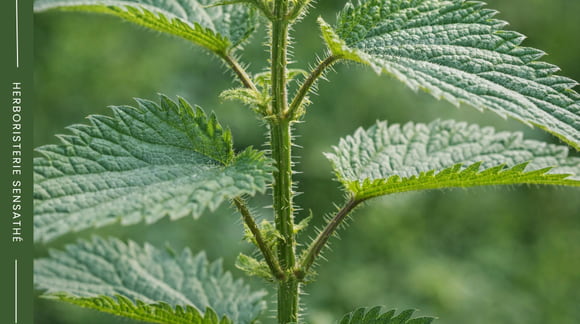 Feuilles dentées et poils urticants de l’ortie Urtica dioïca en gros plan botanique - Herboristerie Sensathé
